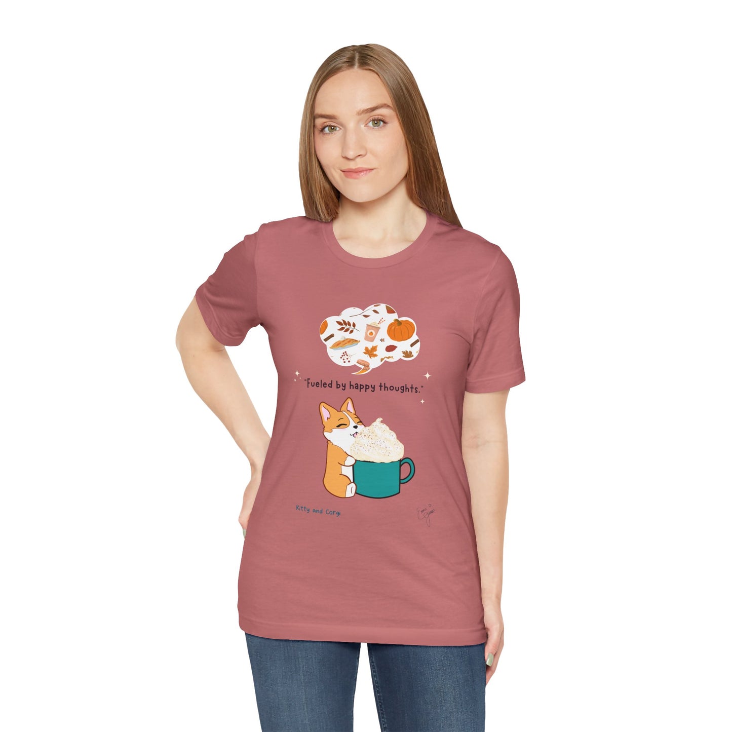 Corgi is Fueled by Happy Thoughts of Fall and Pumpkin Spice - Super Soft Cotton Airlume Unisex T-Shirt (Large Graphic)