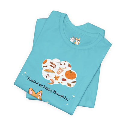 Corgi is Fueled by Happy Thoughts of Fall and Pumpkin Spice - Super Soft Cotton Airlume Unisex T-Shirt (Large Graphic)