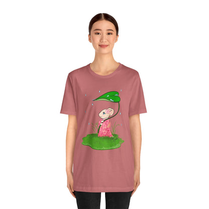 Sakura Mousie with a Leaf Umbrella on a Rainy Day - Super Soft Cotton Airlume Unisex T-Shirt (Large Graphic)