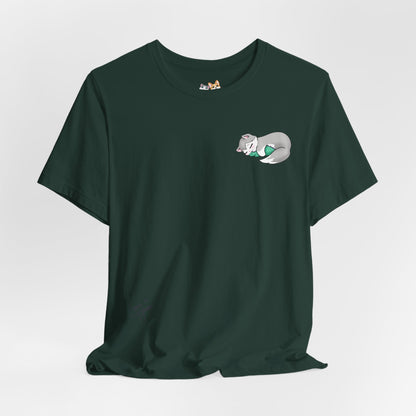 Kitty and Corgi — Sleepy Kitty Snuggling Her Dino Plushie — Super Soft Cotton Airlume Unisex T-Shirt