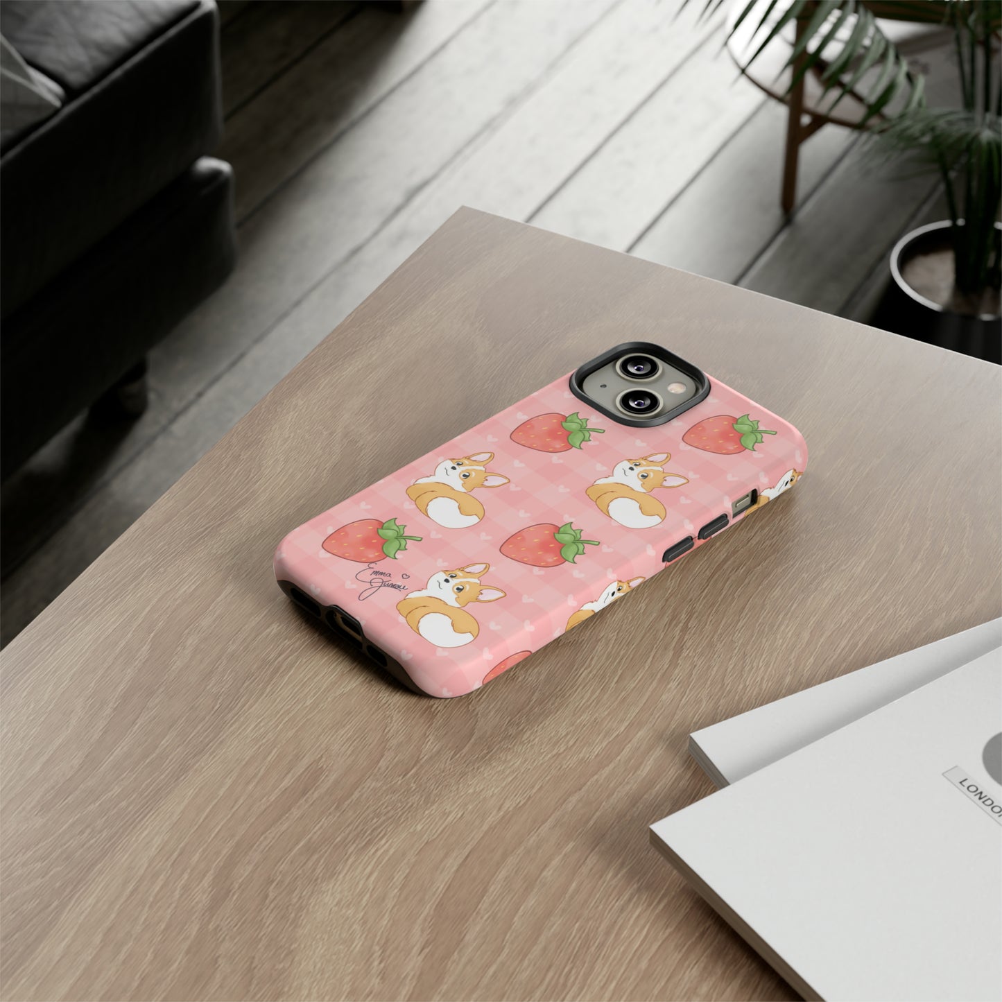 Corgi Butt and Strawberries Cute Pink Gingham Hearts Tough Case