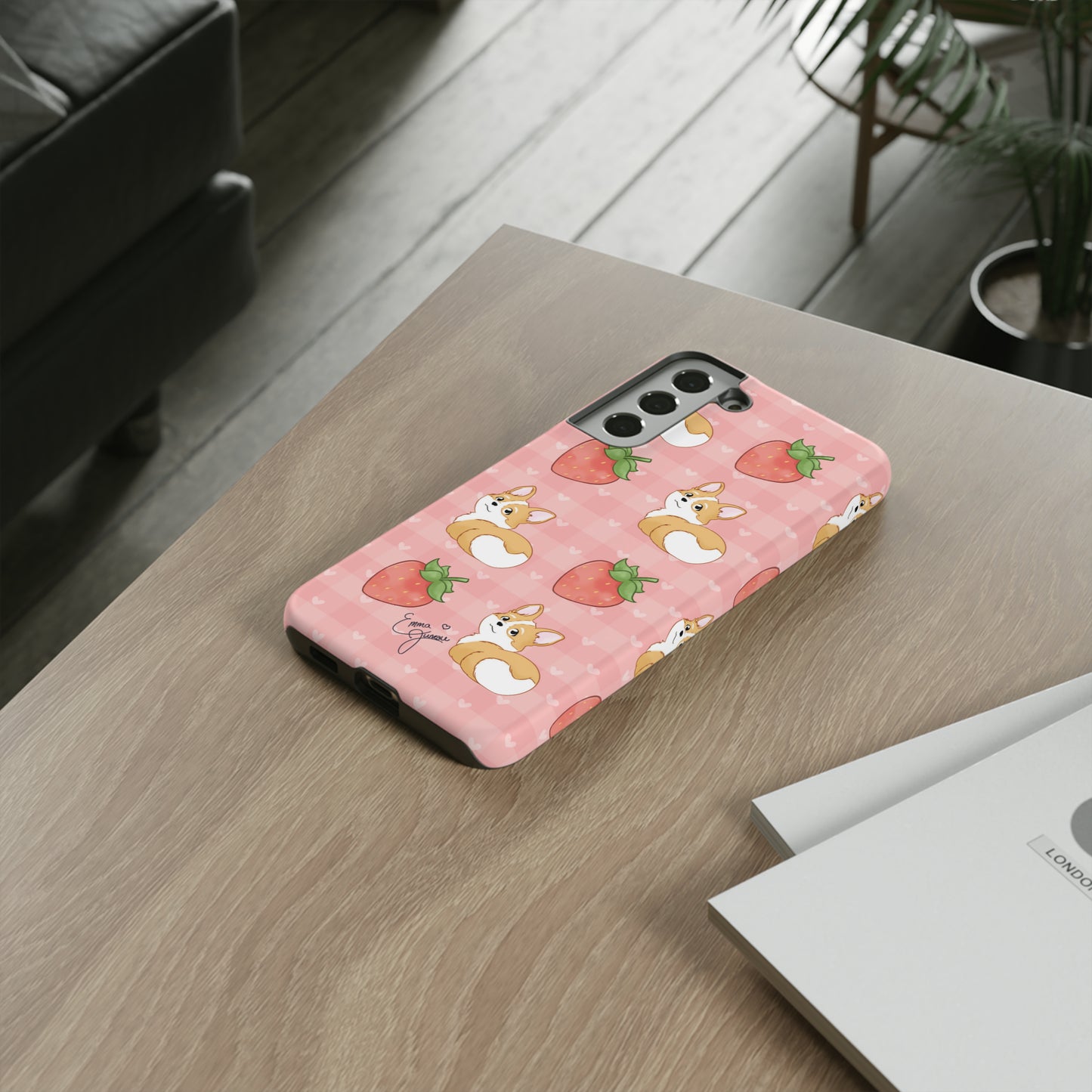 Corgi Butt and Strawberries Cute Pink Gingham Hearts Tough Case
