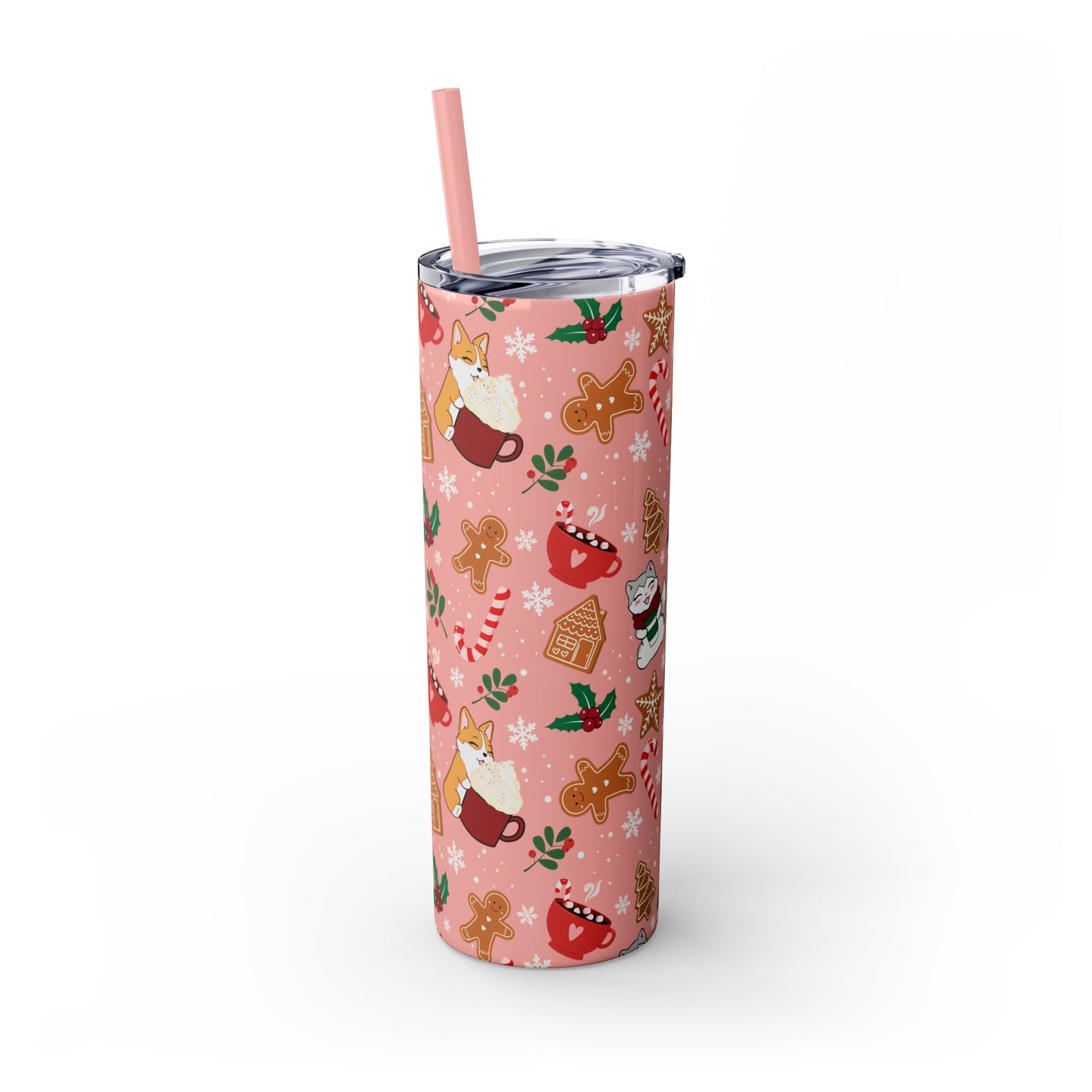 Kitty and Corgi Cocoa and Gingerbread Christmas - Skinny Tumbler with Straw, 20oz