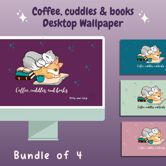 Kitty and Corgi Coffee, Cuddles, and Books 4k Desktop Wallpaper Bundle