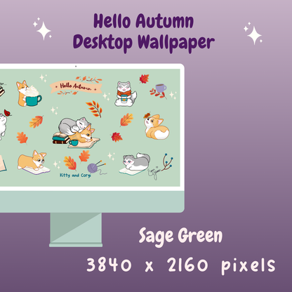 Kitty and Corgi Hello Autumn 4k Desktop Wallpaper Bundle