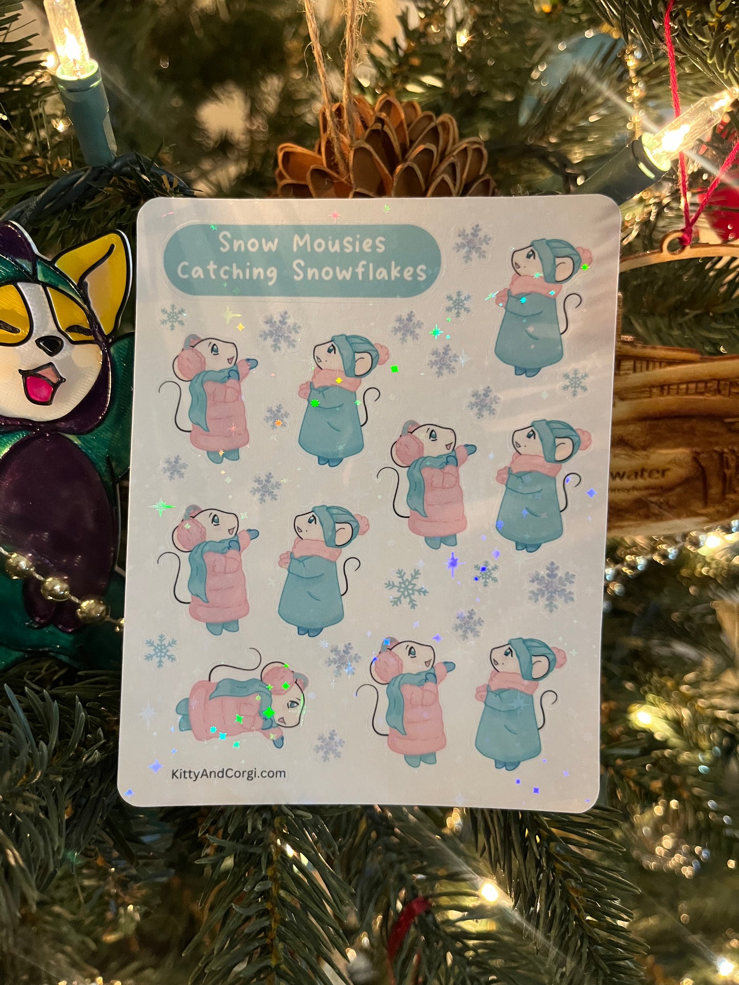 Snow Mousies Catching Snowflakes Holographic Sticker Sheet