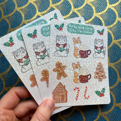 Kitty and Corgi Cozy Christmas Holographic Sticker Sheet