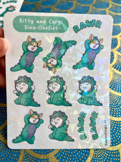 Kitty and Corgi Dino Onesies Sticker Sheet