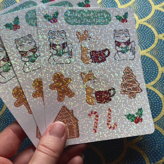 Kitty and Corgi Cozy Christmas Sticker Sheet - Holographic Snow