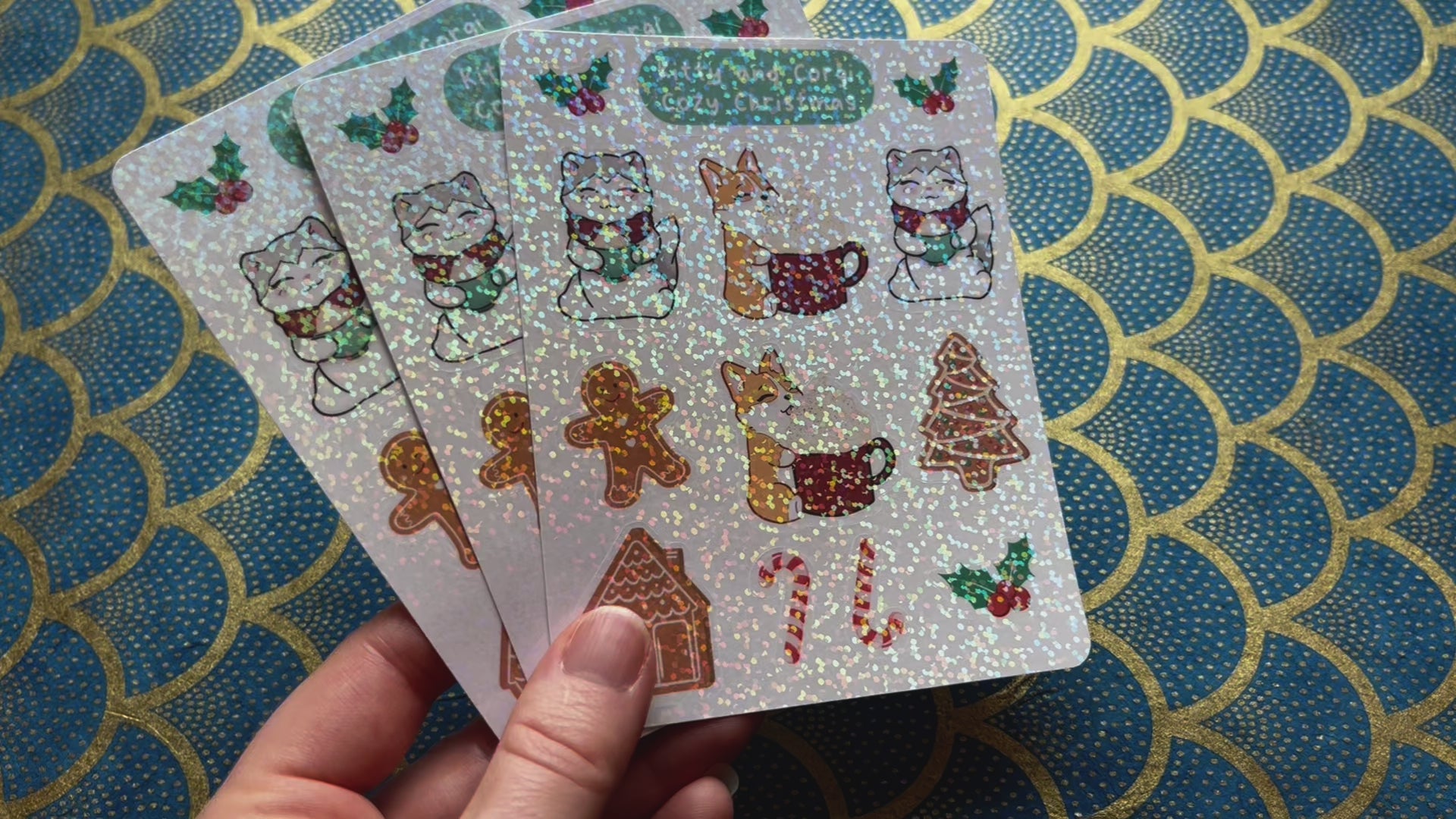 Kitty and Corgi Cozy Christmas Sticker Sheet - Holographic Snow